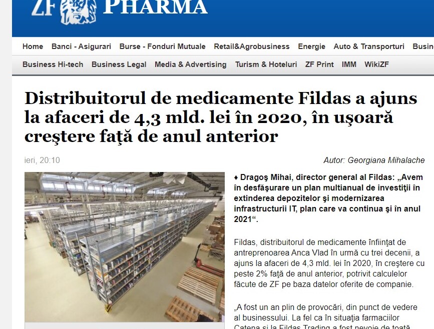 ZF: Distribuitorul de medicamente Fildas a ajuns la afaceri de 4,3 mld. lei în 2020, în uşoară creştere faţă de anul anterior